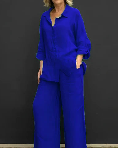 Women's Button-Up Shirt and Wide-Leg Pants Set