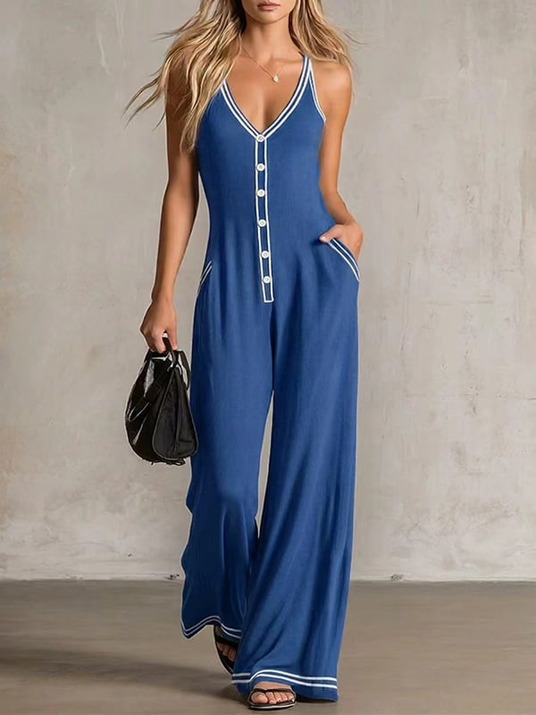 Women's Contrast-Trim Button-Front Jumpsuit