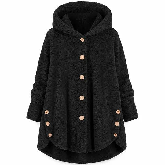 Women's Hooded Button-Front Coat with Asymmetrical Hem