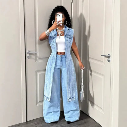 Women's Sleeveless Longline Denim Vest