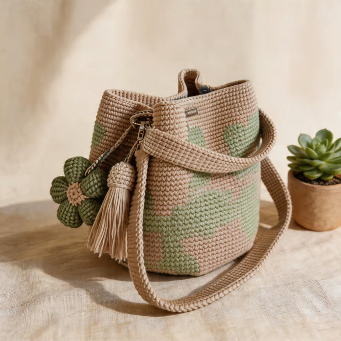 Crochet-Style Floral Bucket Shoulder Bag