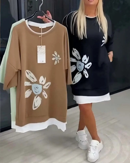 Women’s Casual Floral Print Patchwork Sweatshirt Dress