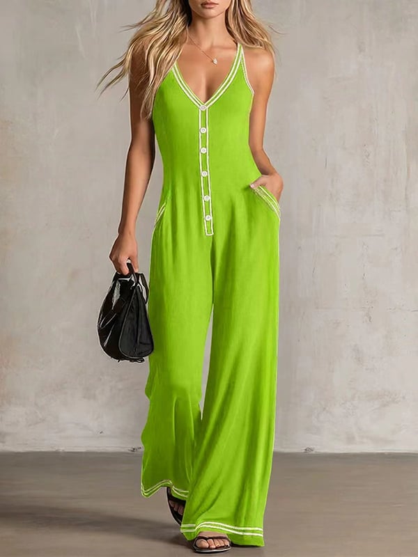 Women's Contrast-Trim Button-Front Jumpsuit