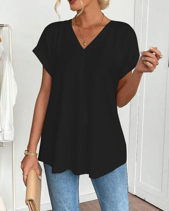 Women’s V-Neck Pleated Back Short-Sleeve Top