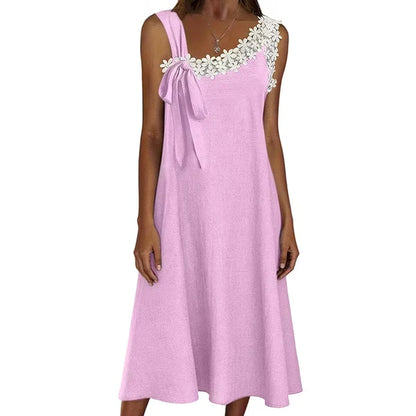 Women’s Floral Lace Trim Bow-Shoulder Dress