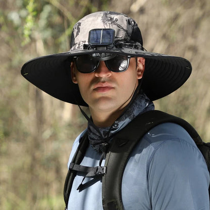 Unisex Wide Brim Outdoor Sun Hat with Solar Fan