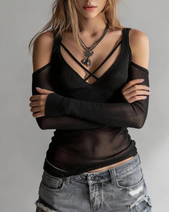 Women's Crisscross Cold Shoulder Ribbed Top