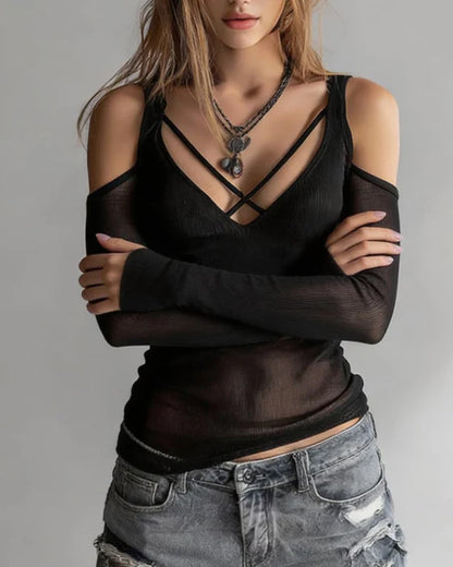 Women's Crisscross Cold Shoulder Ribbed Top
