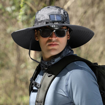 Unisex Wide Brim Outdoor Sun Hat with Solar Fan