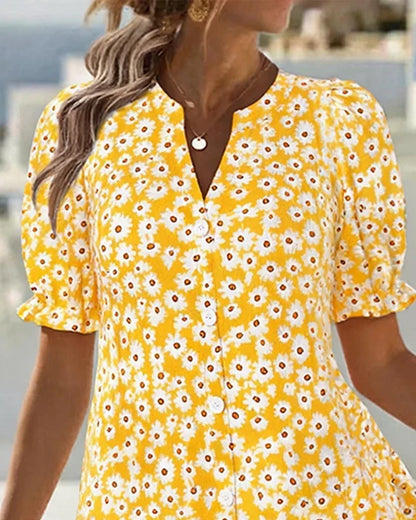 Daisy Print Button-Front Dress