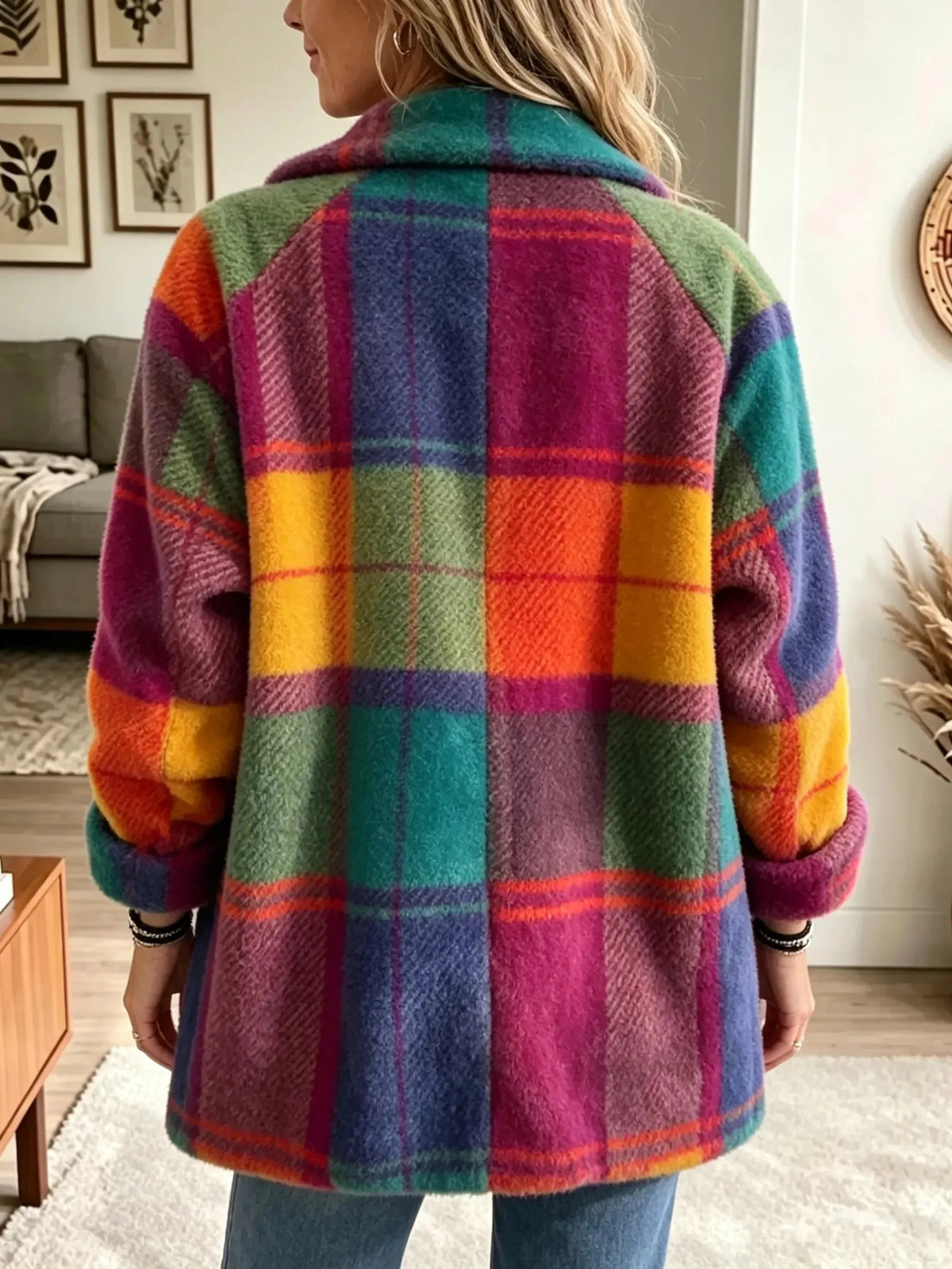 Women's Mixed-Color Plaid Lapel Coat