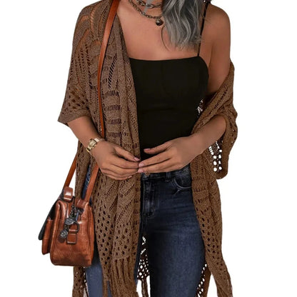 Women's Oversized Crochet Knit Tassel Cardigan