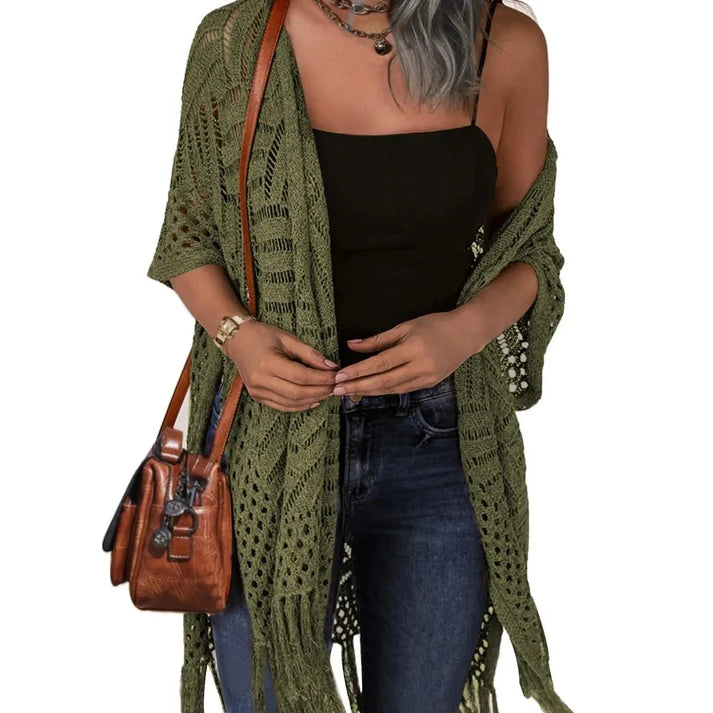 Women's Oversized Crochet Knit Tassel Cardigan