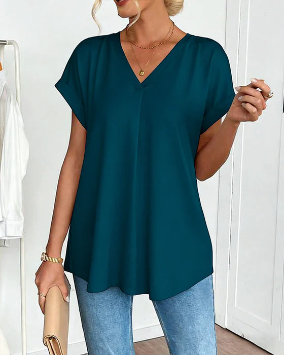Women’s V-Neck Pleated Back Short-Sleeve Top