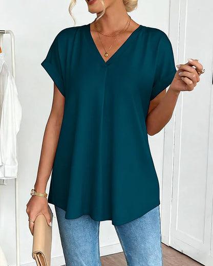Women’s V-Neck Pleated Back Short-Sleeve Top