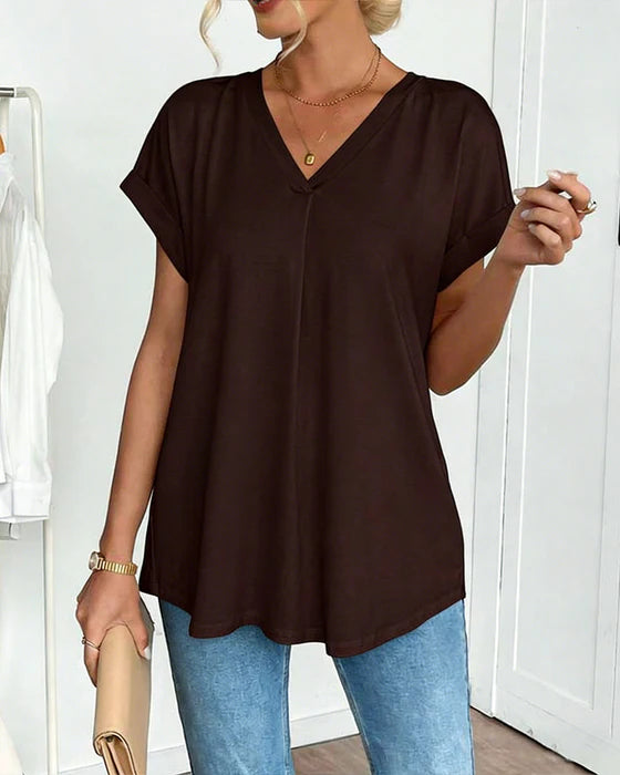 Women’s V-Neck Pleated Back Short-Sleeve Top