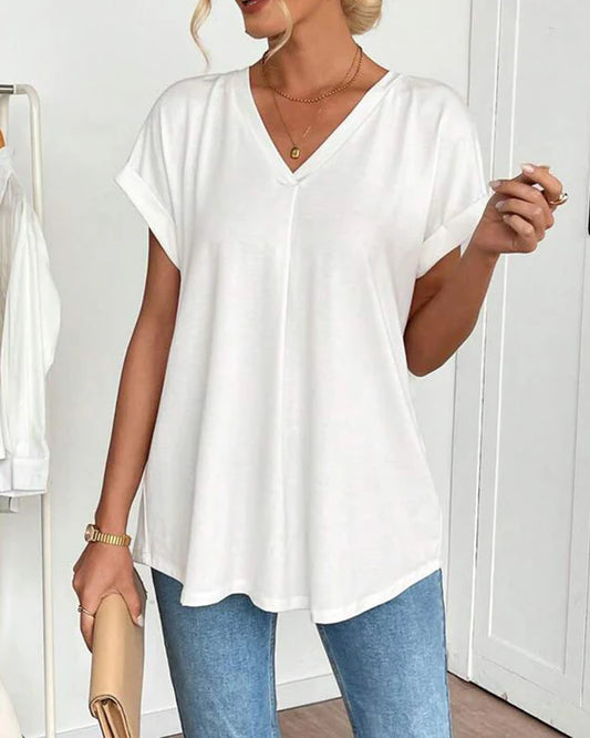 Women’s V-Neck Pleated Back Short-Sleeve Top