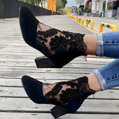 Women's Floral Mesh Block Heel Ankle Boots