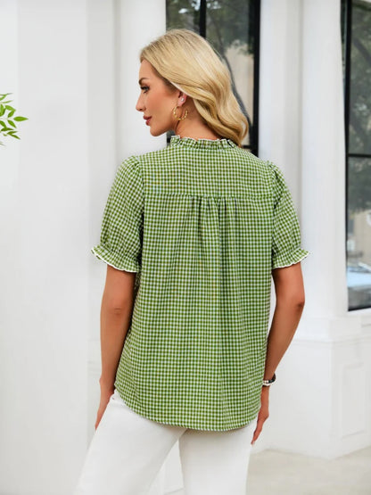 Women's Ruffle Collar Gingham Blouse