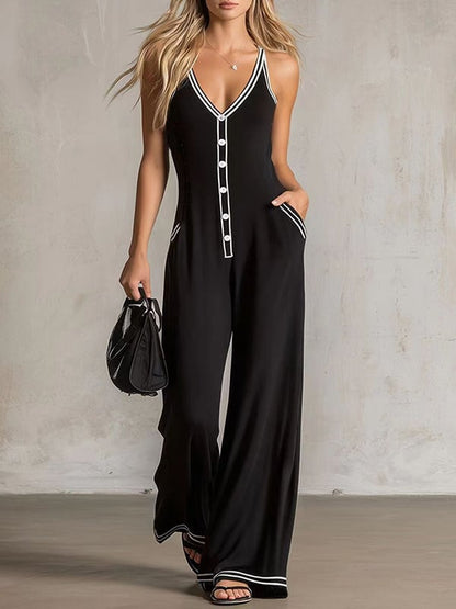 Women's Contrast-Trim Button-Front Jumpsuit