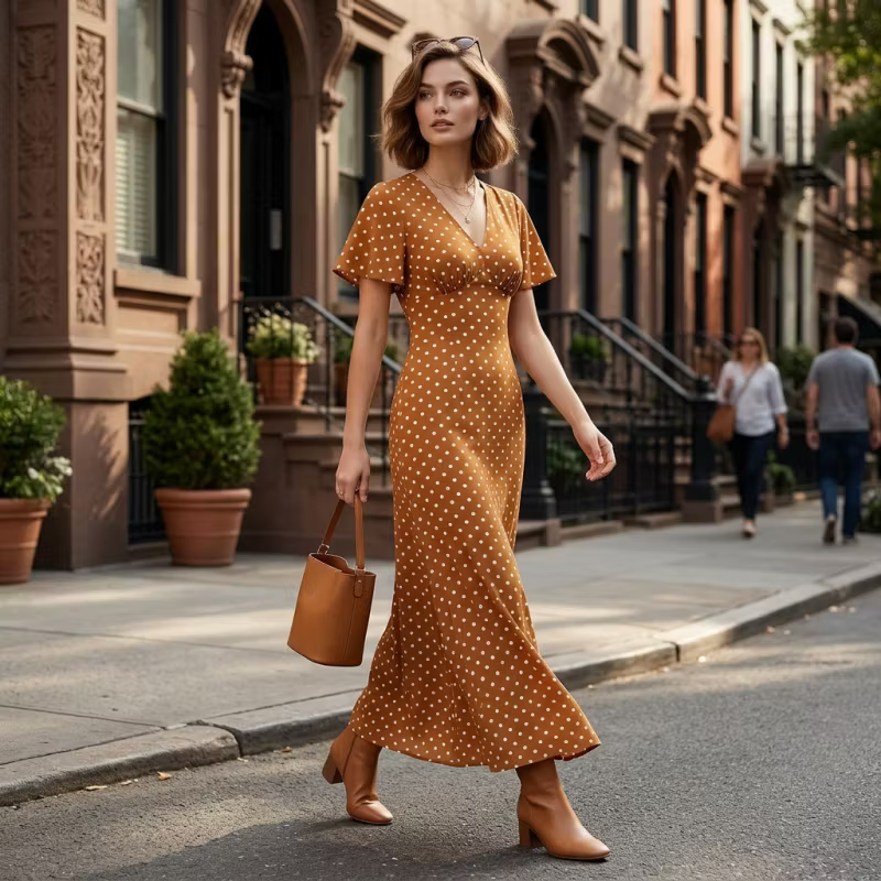 Women's Polka Dot V-Neck Maxi Dress