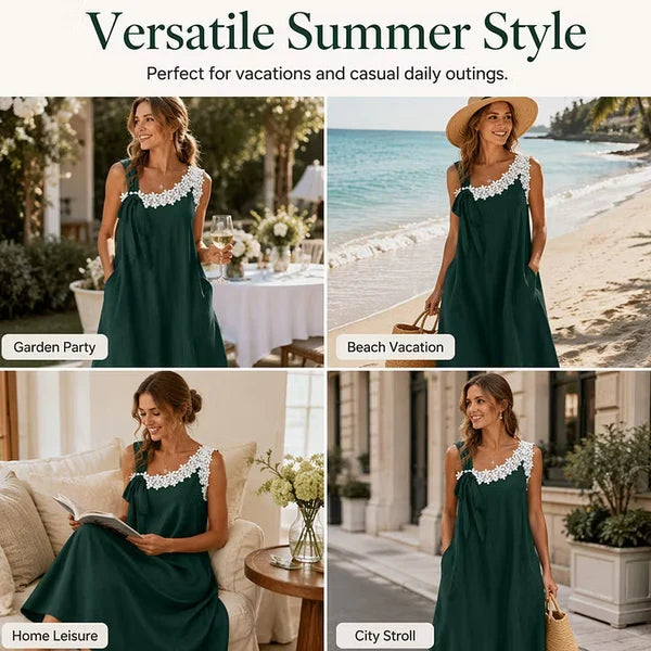Women’s Floral Lace Trim Bow-Shoulder Dress