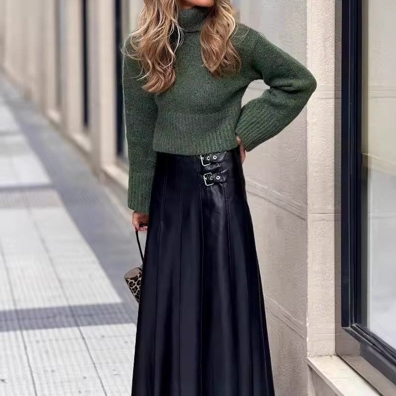 Women's Pleated Skirt with Side Buckle Details