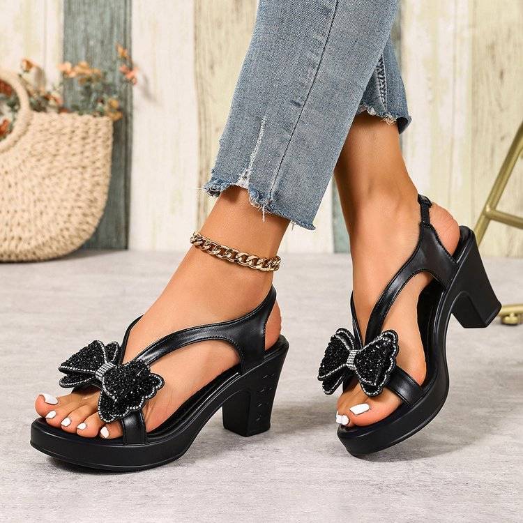 Women's Rhinestone Bow Heel Sandals