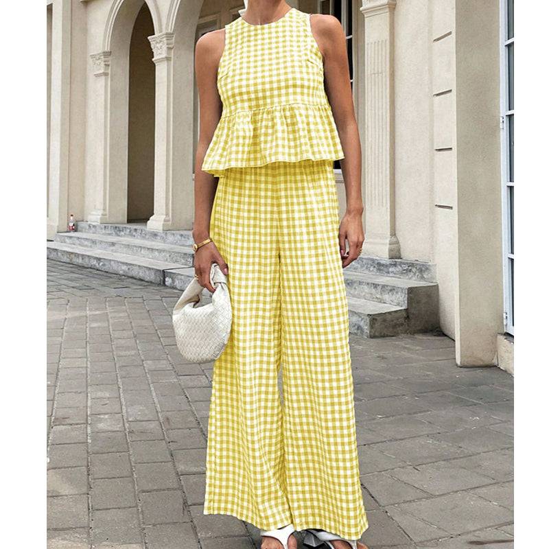 Women's Gingham Peplum Top & Wide-Leg Pants Set