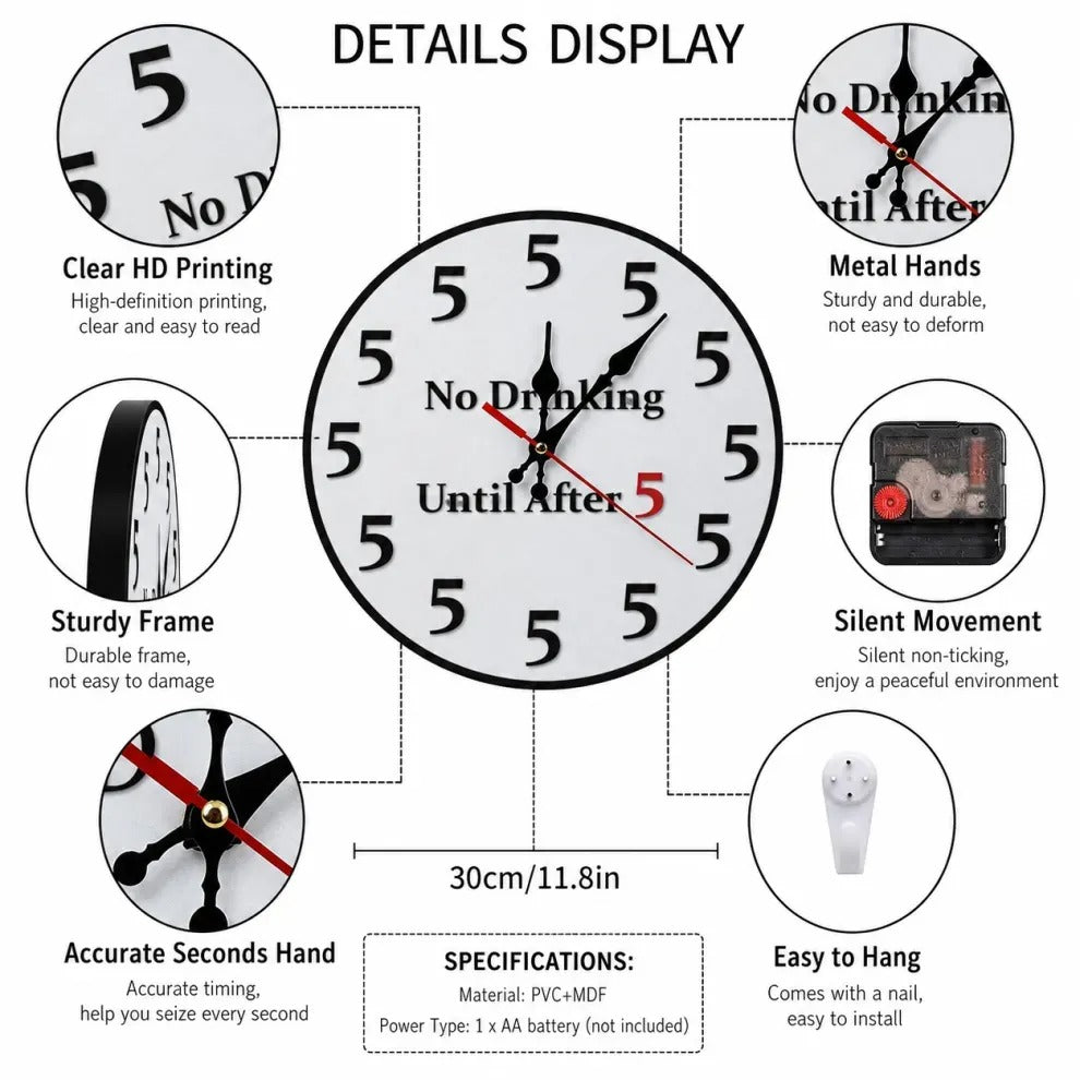Funny No Drinking Until After 5 Wall Clock
