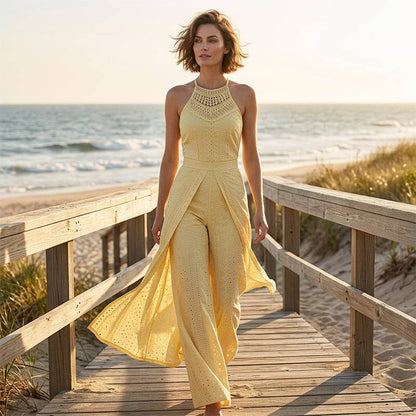 Women's Lace Halter Top & Split Wide-Leg Pants Set