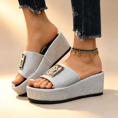 Women’s Sparkle Buckle Platform Slides
