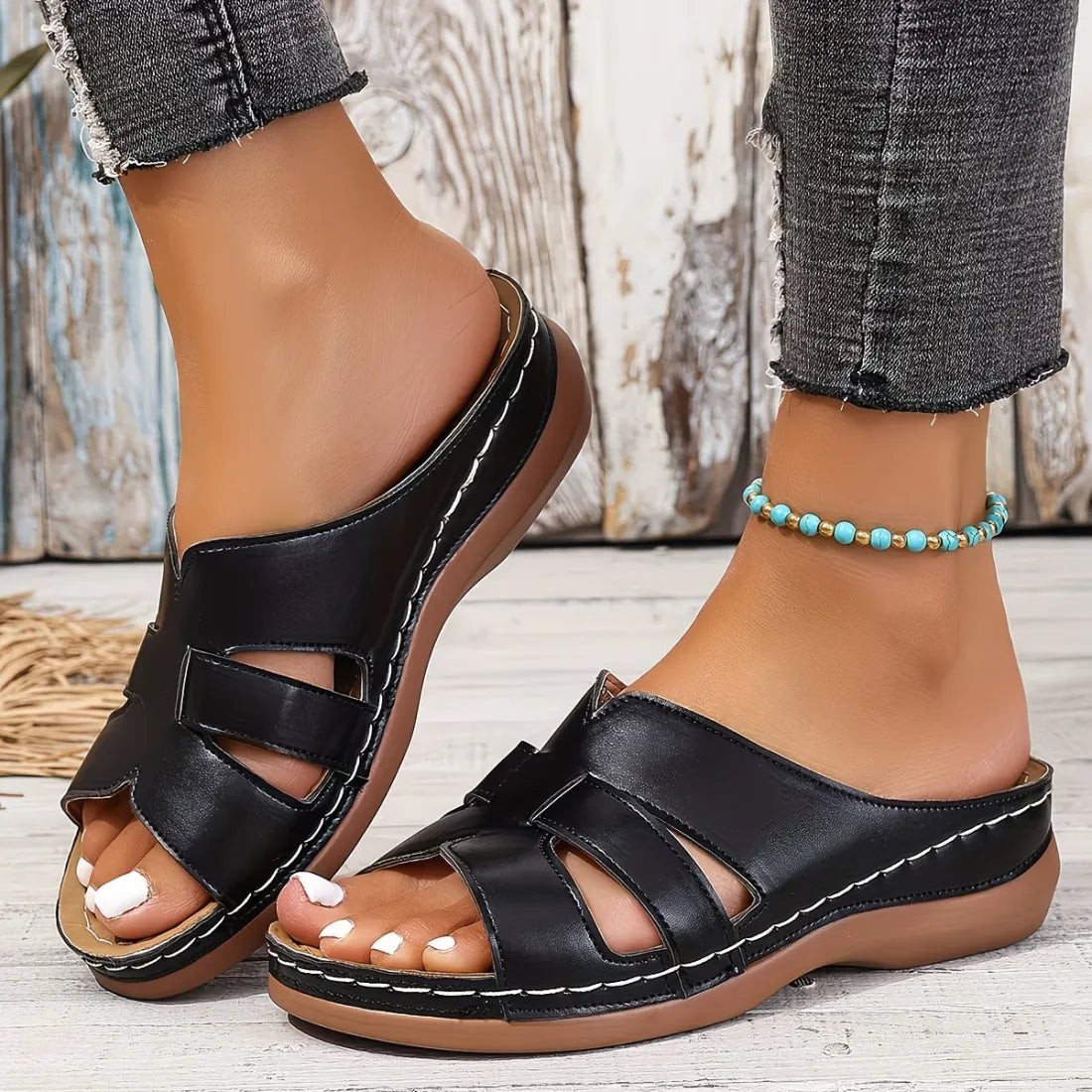 Women's Cutout Stitch Detail Slide Sandals
