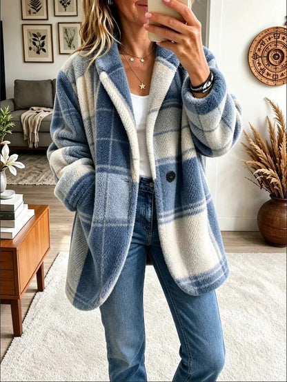 Women's Mixed-Color Plaid Lapel Coat