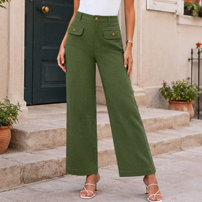 Women's High-Waisted Button Detail Wide-Leg Pants
