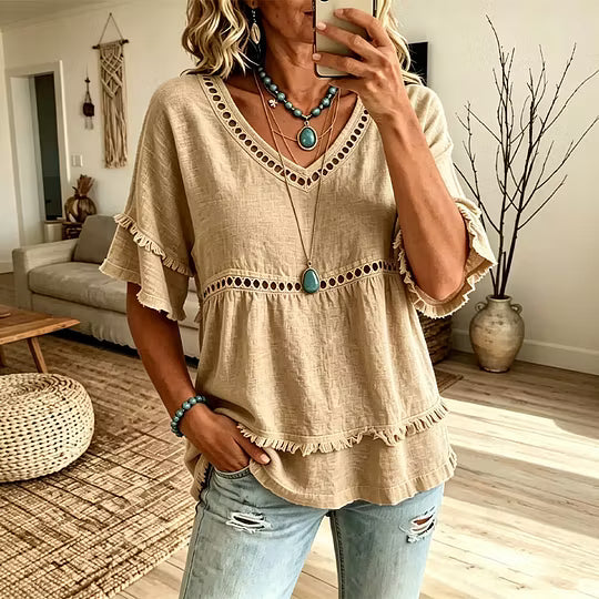 Women's V-Neck Ruffle Sleeve Tunic Blouse