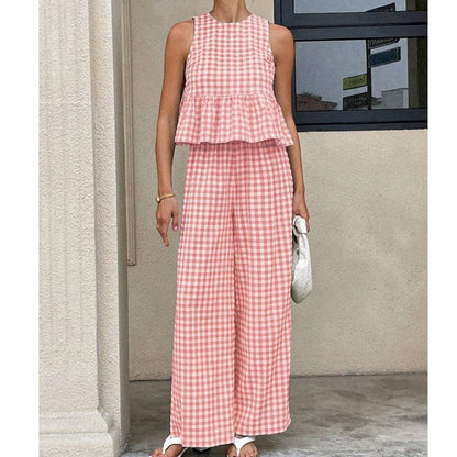 Women's Gingham Peplum Top & Wide-Leg Pants Set