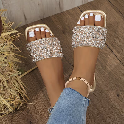 Women’s Pearl-Embellished Flat Slide Sandals