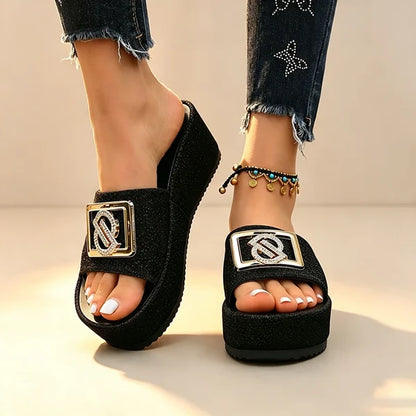 Women’s Sparkle Buckle Platform Slides