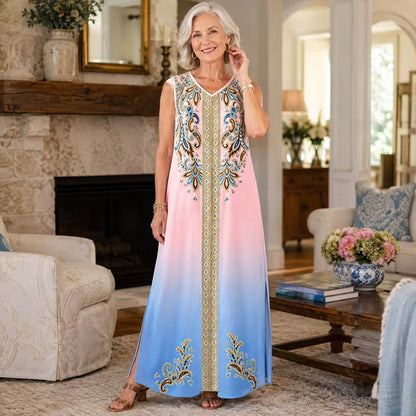 Women's Printed V-Neck Maxi Dress
