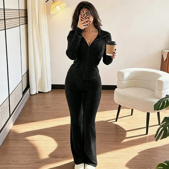 Women's Hooded Zip-Up Top and Flared Pants Set