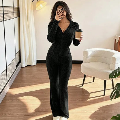 Women's Hooded Zip-Up Top and Flared Pants Set