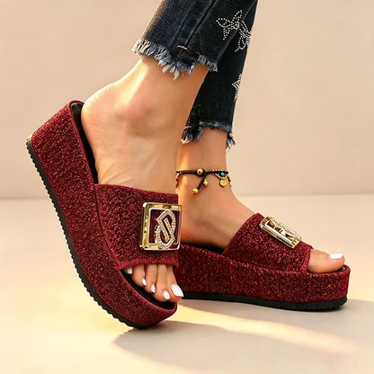 Women’s Sparkle Buckle Platform Slides