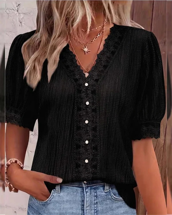 Women’s Lace Patchwork V-Neck Puff-Sleeve Blouse