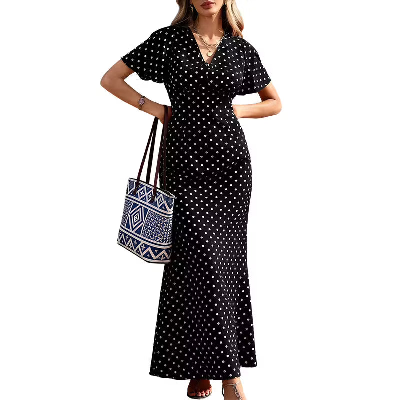 Women's Polka Dot V-Neck Maxi Dress