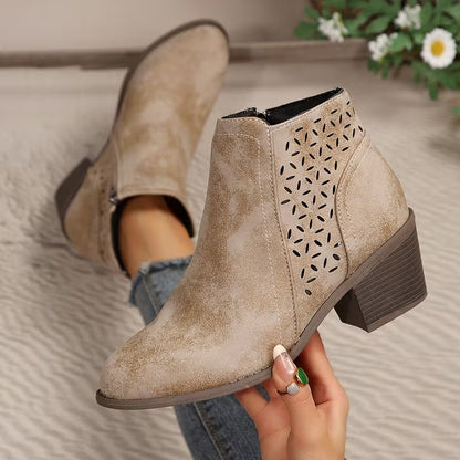 Women's Perforated Ankle Boots with Chunky Heel