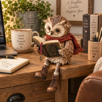 Reading Owl Figurine with Glasses and Book
