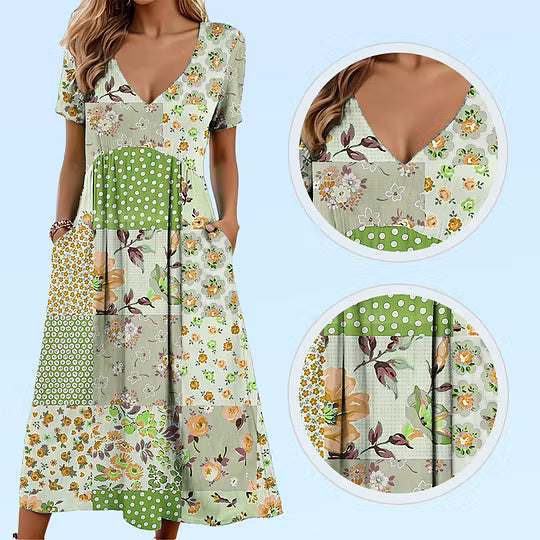 Women's Patchwork Floral V-Neck Pocket Dress
