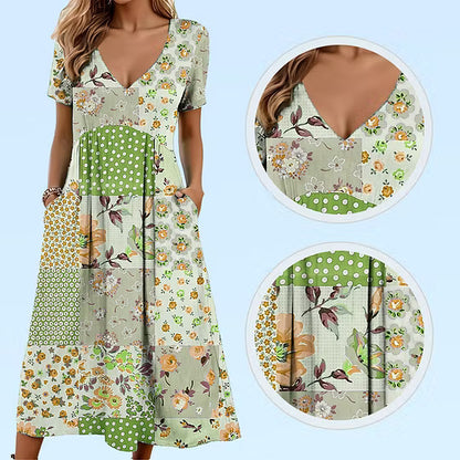 Women's Patchwork Floral V-Neck Pocket Dress