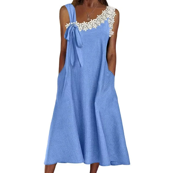 Women’s Floral Lace Trim Bow-Shoulder Dress